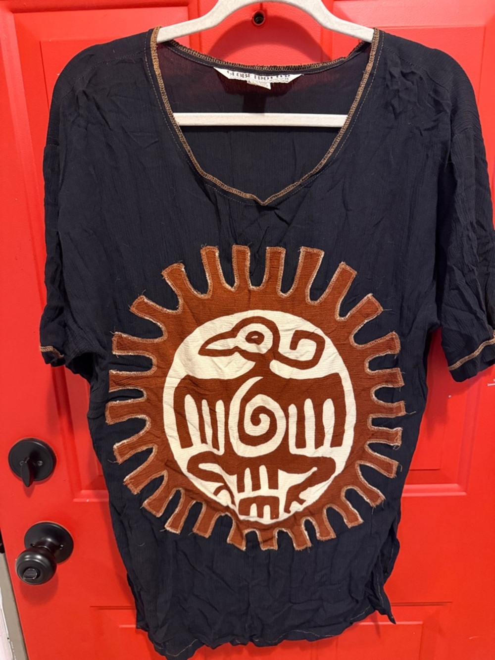 Black Tunic Top with Brown & Cream Sun Motif